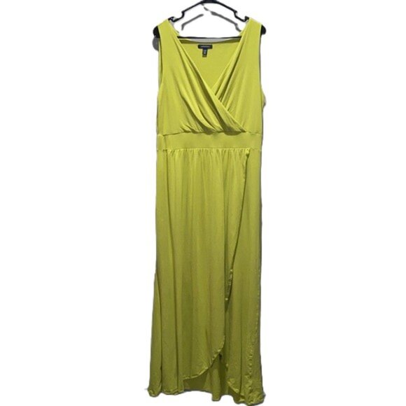 Lands’ End Chartreuse Wrap Maxi Dress Asymmetrical Hem Size L/T 14/16 - Picture 2 of 8